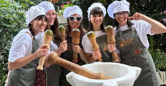 Cours sur le pesto au mortier avec la championne du monde et dégustation avec des pâtes